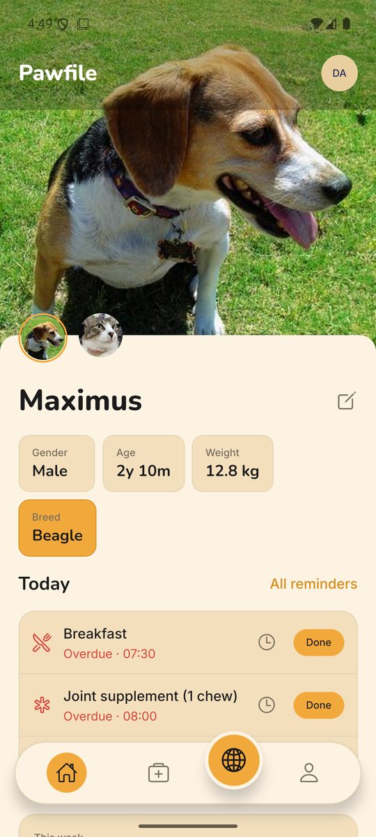 A pet profile in PawArcadia showing Maximus, a beagle, with his age, weight and breed, today's feeding reminder and this week's walking distance.