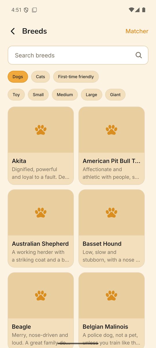 The breed encyclopedia listing breeds with a one-line honest summary of each.